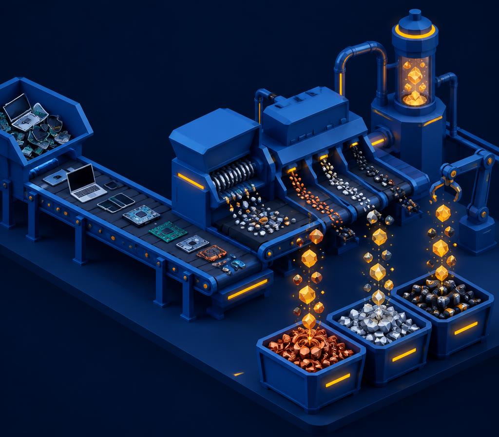 E-waste processing line sorting devices into material fractions and CRM/SRM outputs